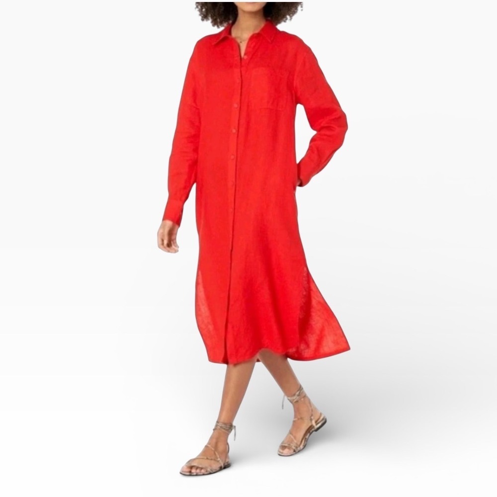 The Drop Womens XL Red 100% Linen Long‎ Sleeve Midi Shirt Dress Resort Coverup